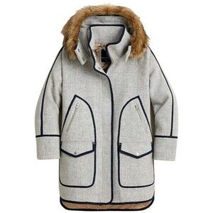 J Crew Summit Parka Coat Sz 4 Italian Stadium Cloth Gray Blue Hood Fur Trim NWT